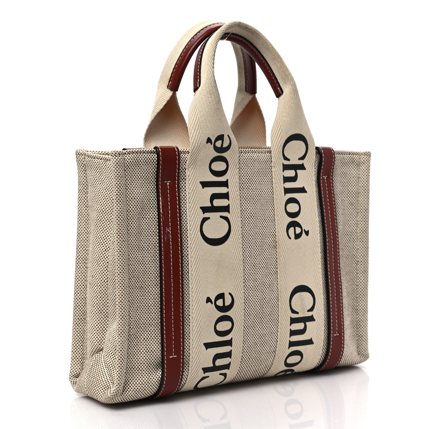 Cotton Calfskin Small Woody Ribbon Tote White Brown