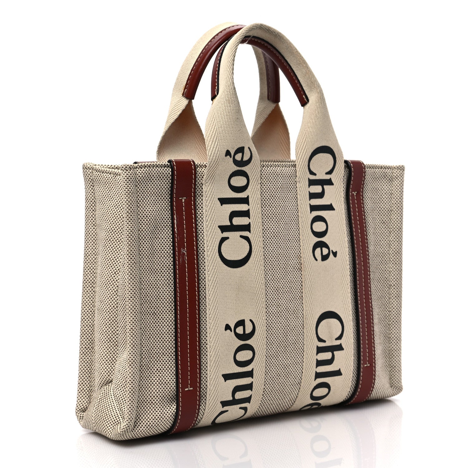 Chloe Cotton Calfskin Small Woody Ribbon Tote White Brown 3 of 8