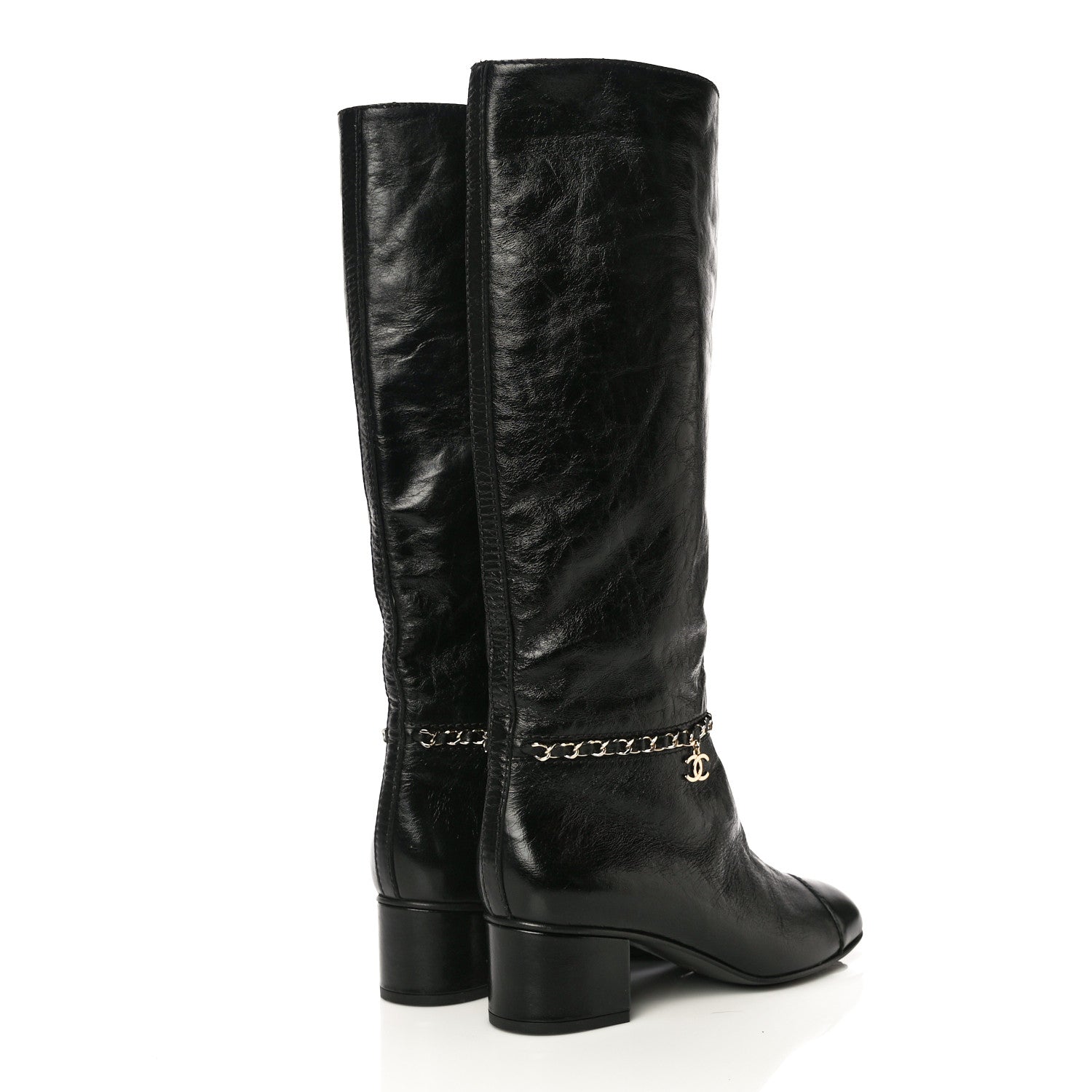 Chanel Crumpled Calfskin Cap Toe Chain Boots 37.5 Black 5 of 8