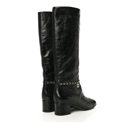 Chanel Crumpled Calfskin Cap Toe Chain Boots 37.5 Black 5 of 8