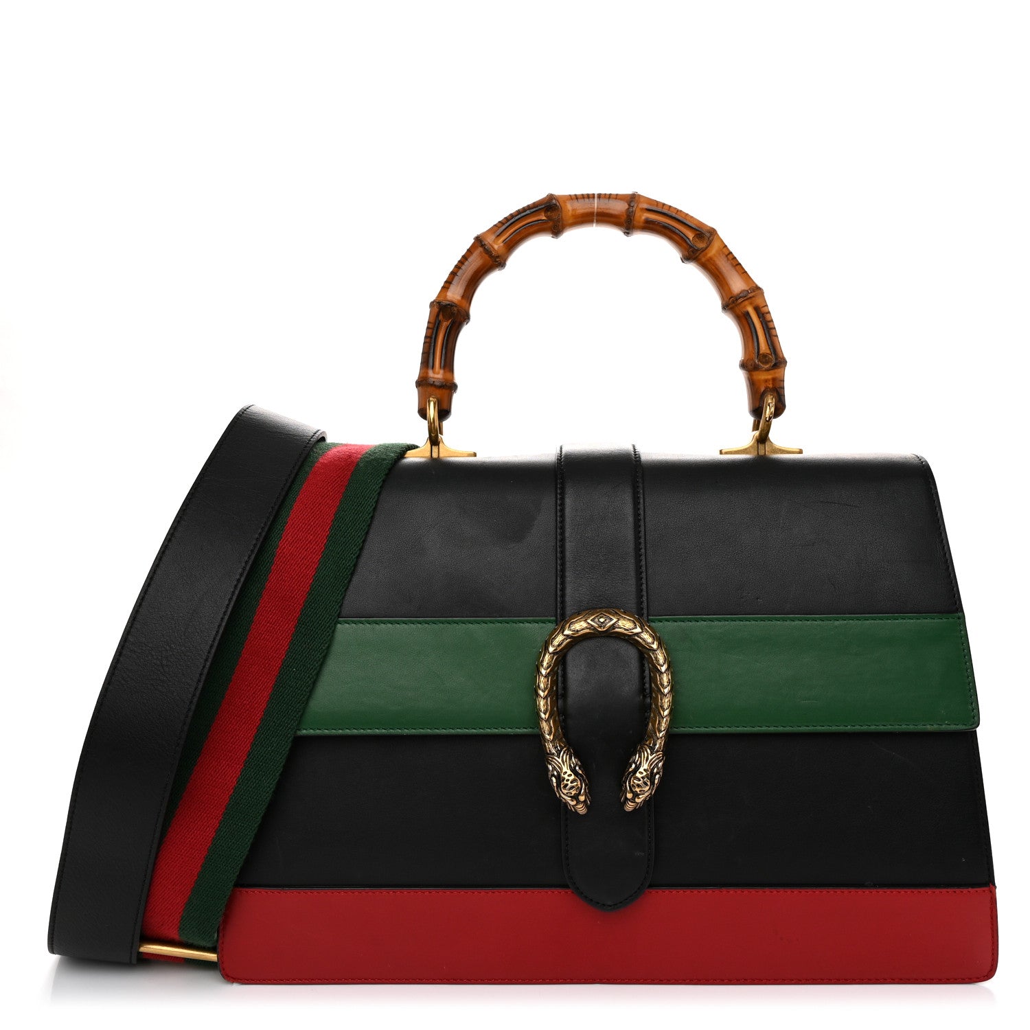 Gucci Calfskin Bamboo Web Large Dionysus Top Handle Bag Black Bright Evergreen Hibiscus Red 1 of 14