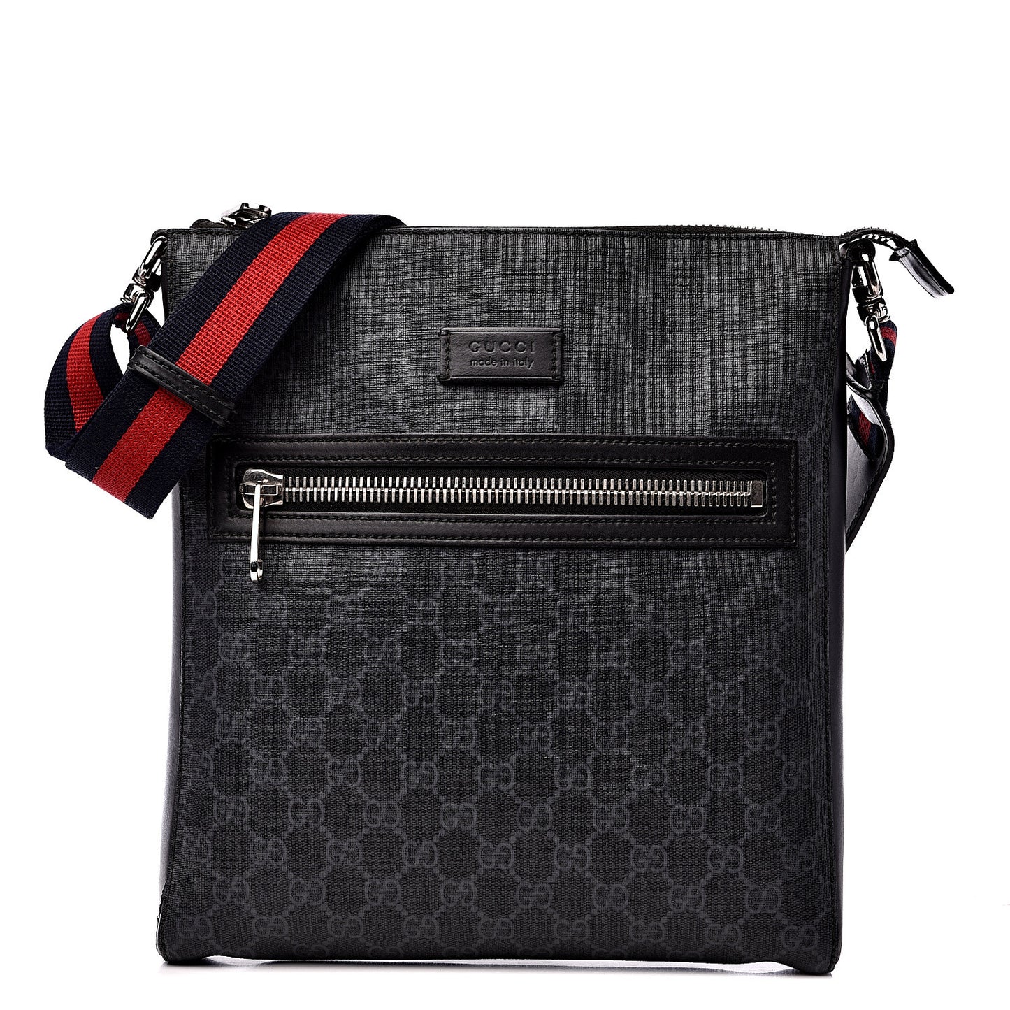 GG Supreme Monogram Appia Calfskin Web Flat Messenger Bag Black Grey