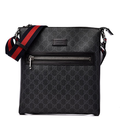 Gucci GG Supreme Monogram Appia Calfskin Web Flat Messenger Bag Black Grey 1 of 13