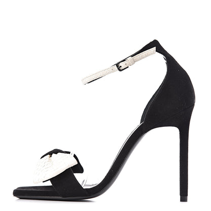Saint Laurent Velvet Snake Print Bow Ankle Strap Sandals 36 Black 1 of 9
