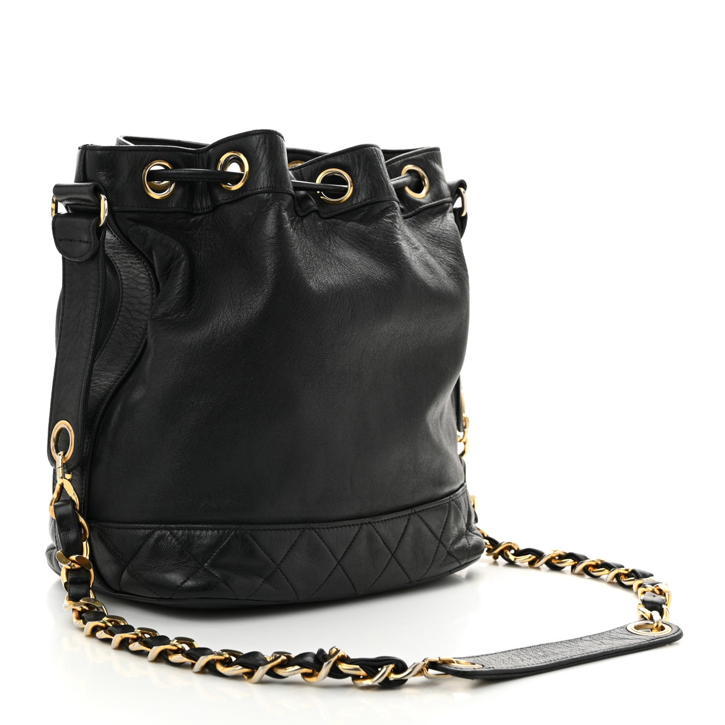Lambskin Quilted Drawstring Bucket Bag Black