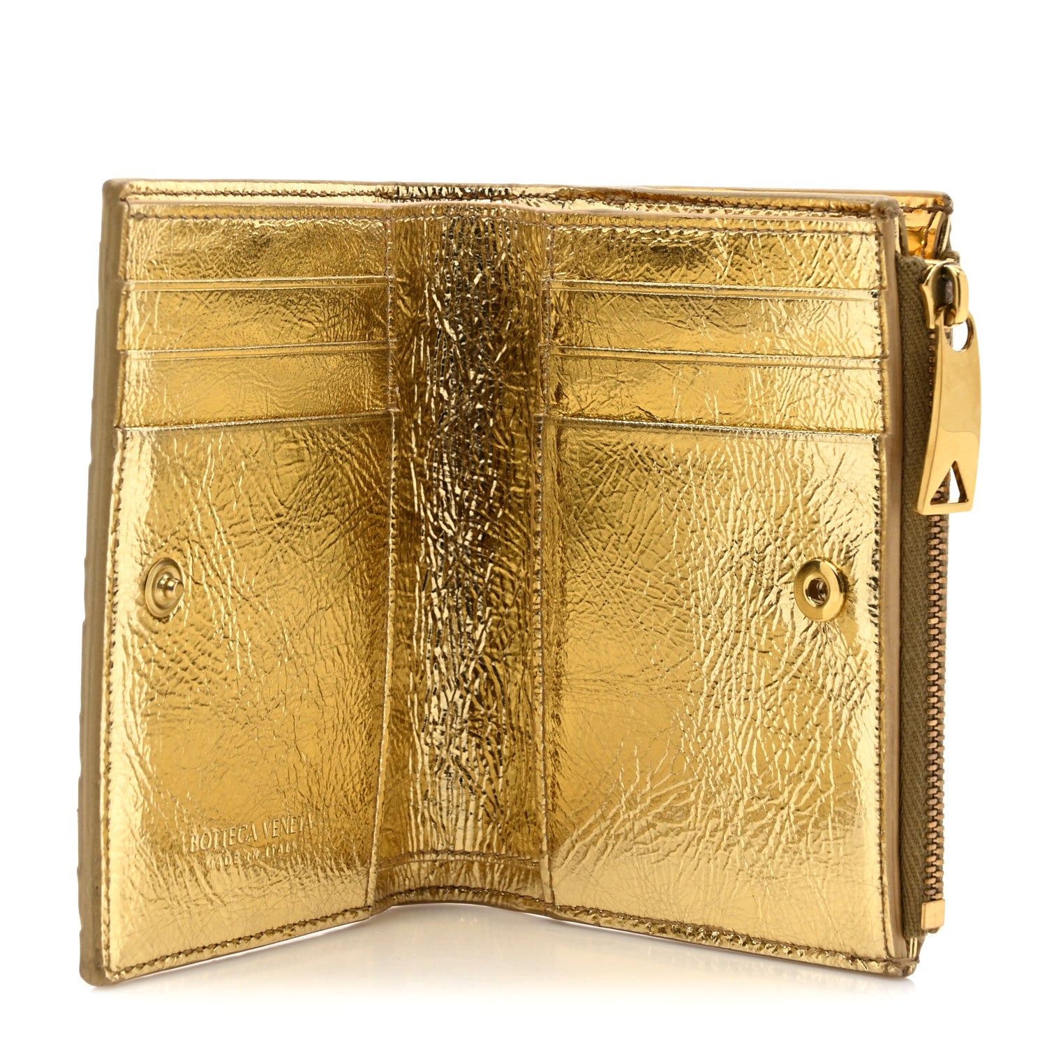 Bottega Veneta Mirror Laminated Nappa Intrecciato Small Bi-Fold Zip Wallet Gold 5 of 7
