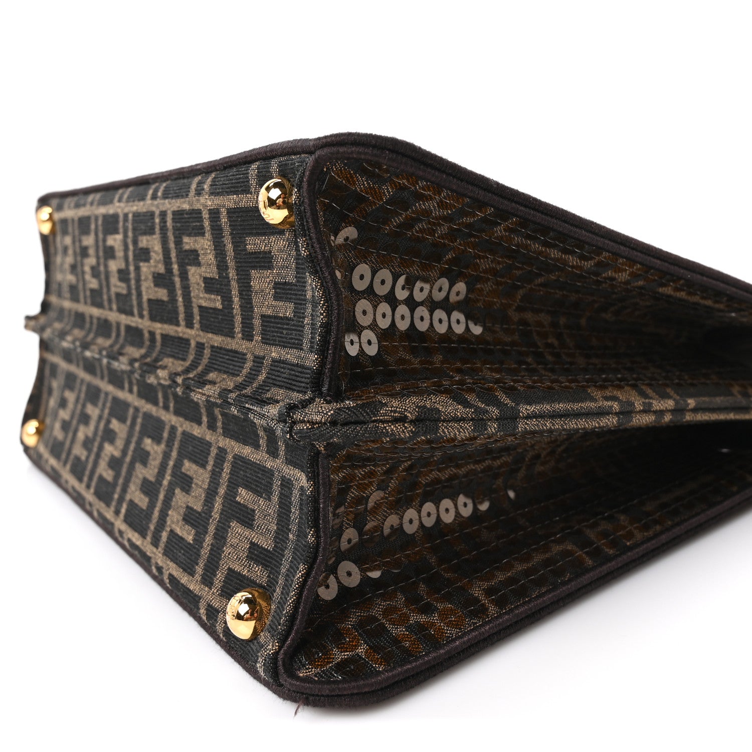 Fendi Fabric Jacquard Paillettes Vitello Seta FF 1974 Medium Peekaboo I SEE U Satchel Tobacco Moro 9 of 9