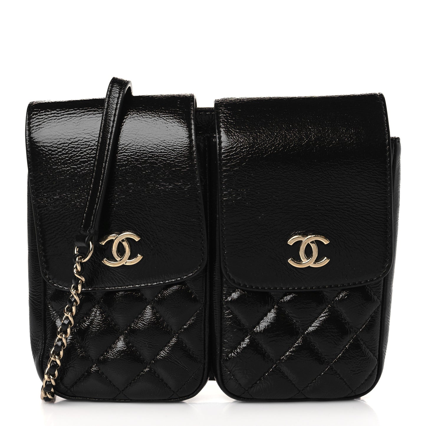 Glazed Calfskin Quilted Double Pocket Crossbody Flap Black