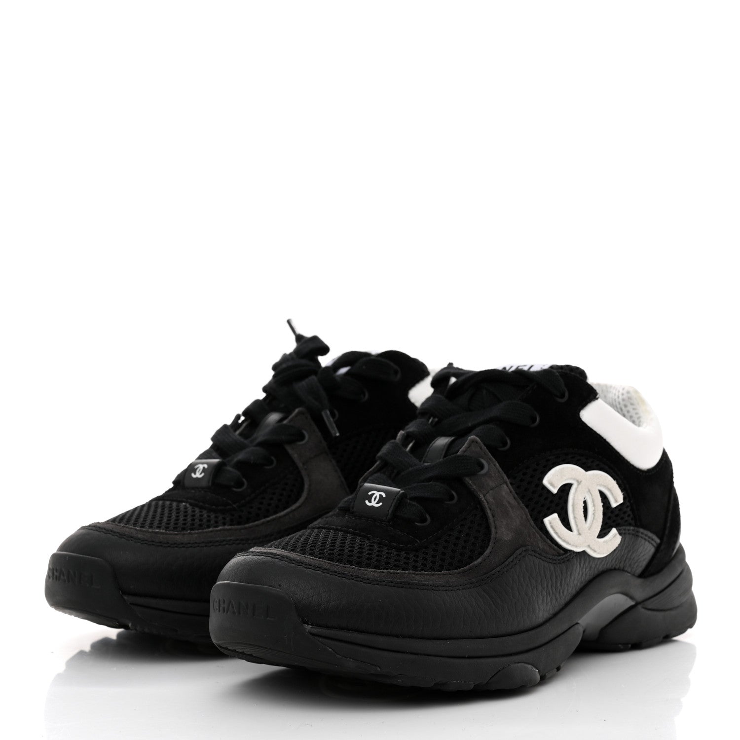 Chanel Mesh Suede Grained Calfskin Womens CC Sneakers 36.5 Black White 3 of 9