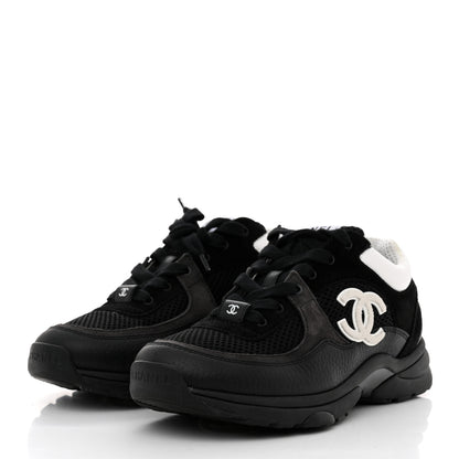 Chanel Mesh Suede Grained Calfskin Womens CC Sneakers 36.5 Black White 3 of 9