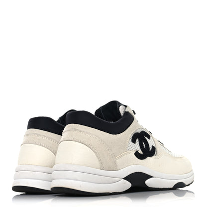 Chanel Mesh Suede Calfskin Grained Calfskin Womens CC Sneakers 37.5 White Black 5 of 8