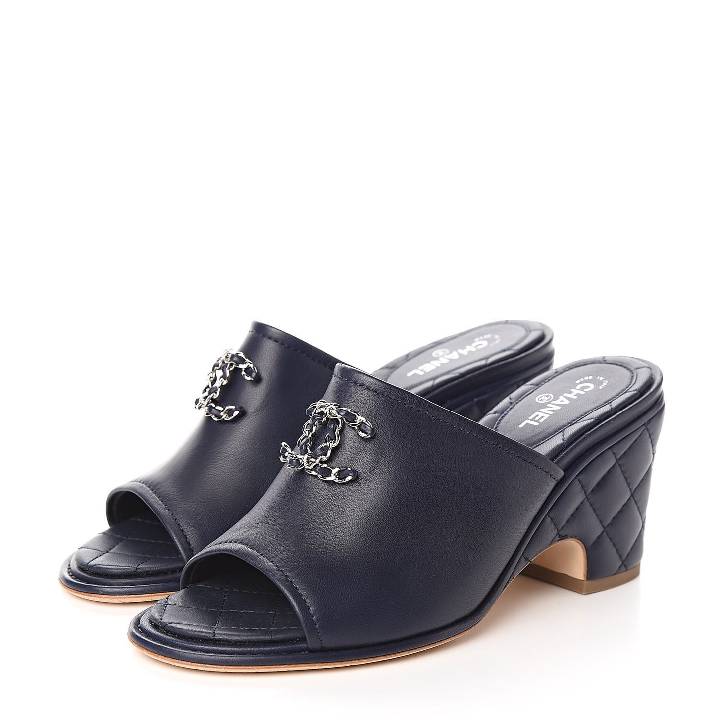 Lambskin Quilted CC Chain Mules 38.5 Navy