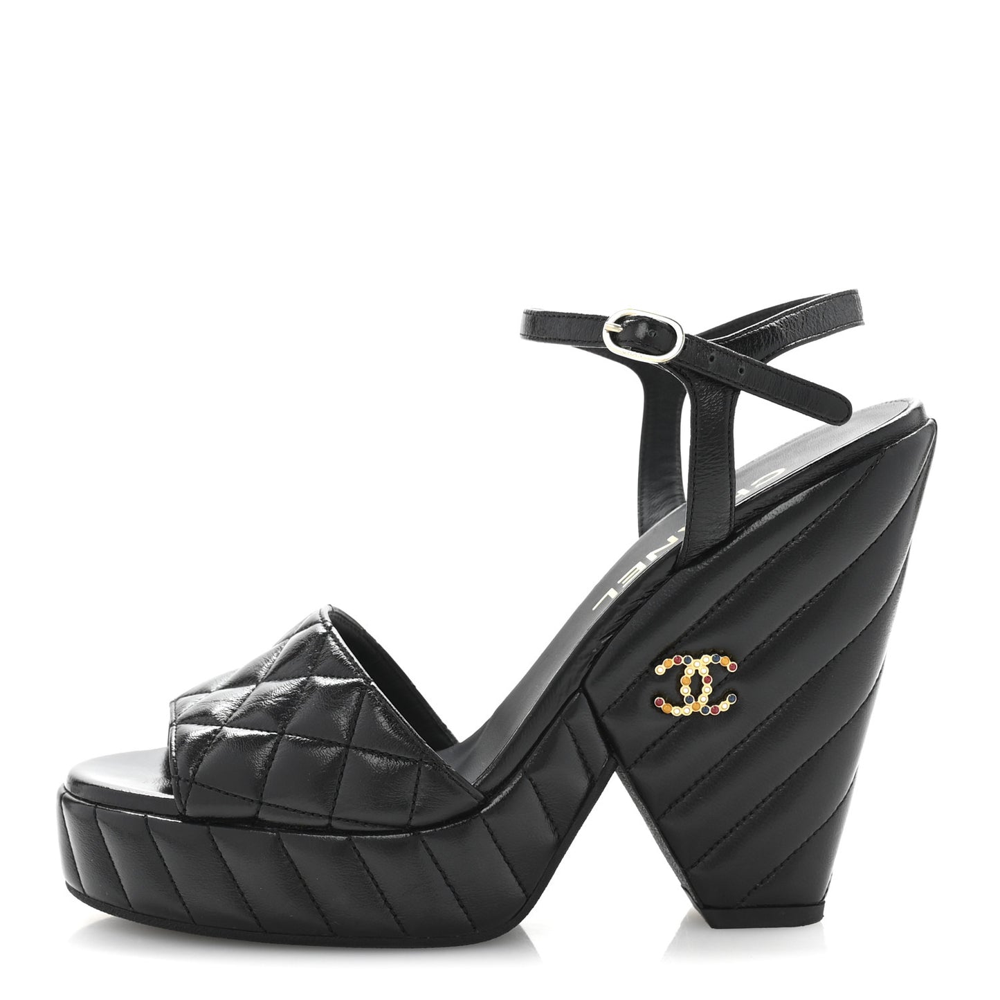 Shiny Lambskin Quilted Platform Sandals 38.5 Black