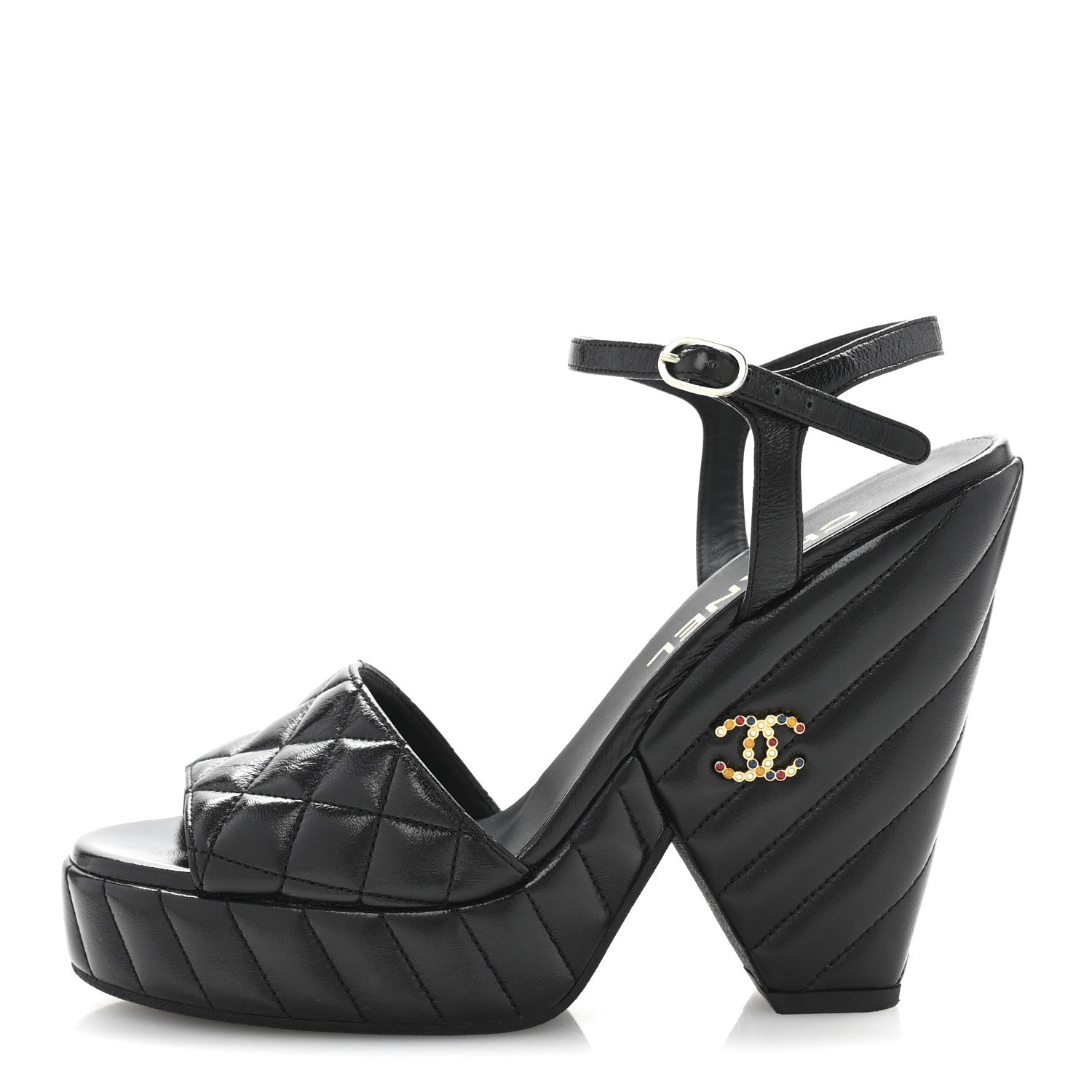 Chanel Shiny Lambskin Quilted Platform Sandals 38.5 Black 1 of 9