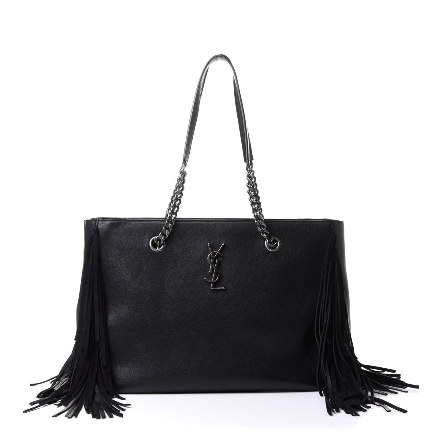 Calfskin Fringe Monogram Shopping Tote Black