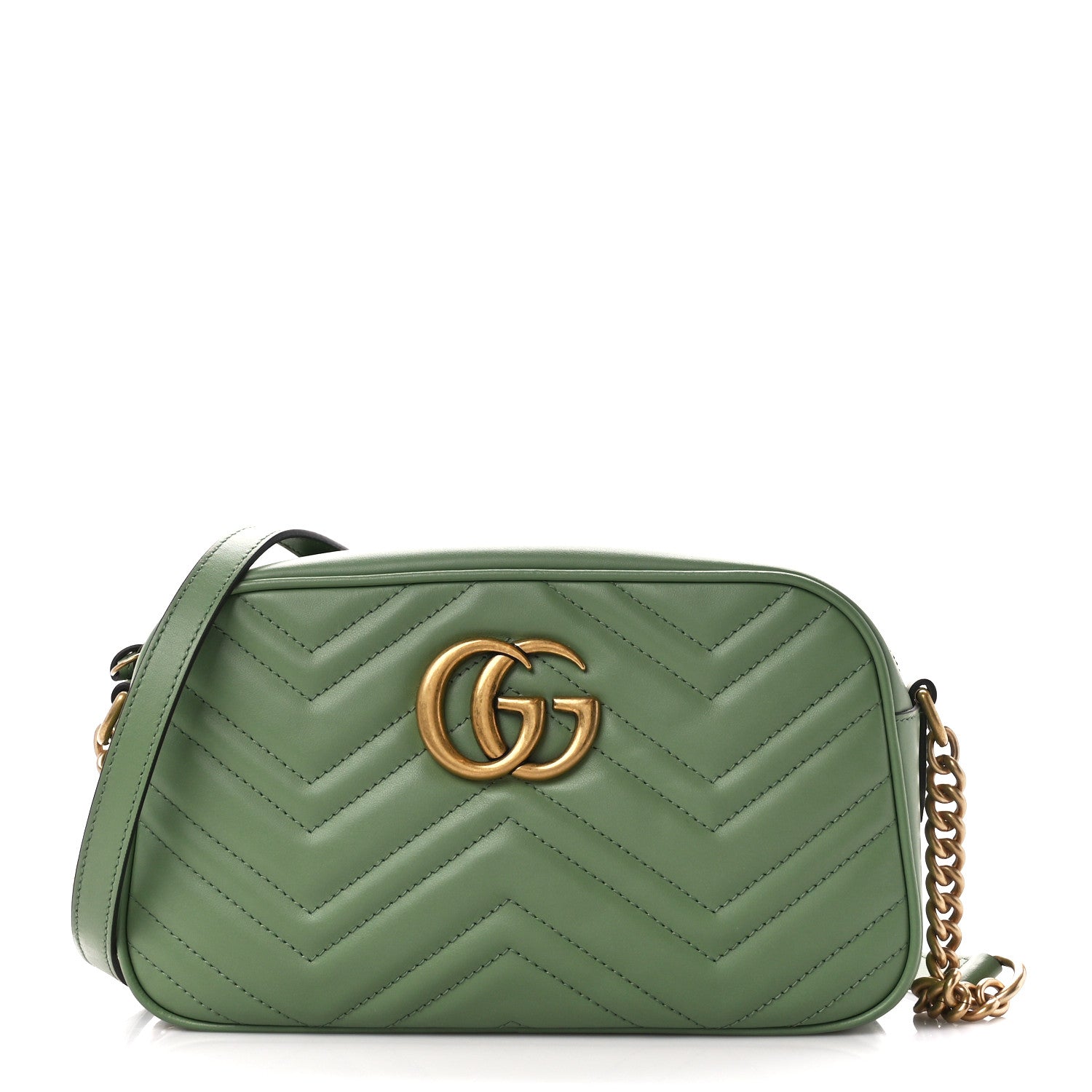Gucci Calfskin Matelasse Chevron Small GG Marmont Chain Shoulder Bag Salamander Green 1 of 10