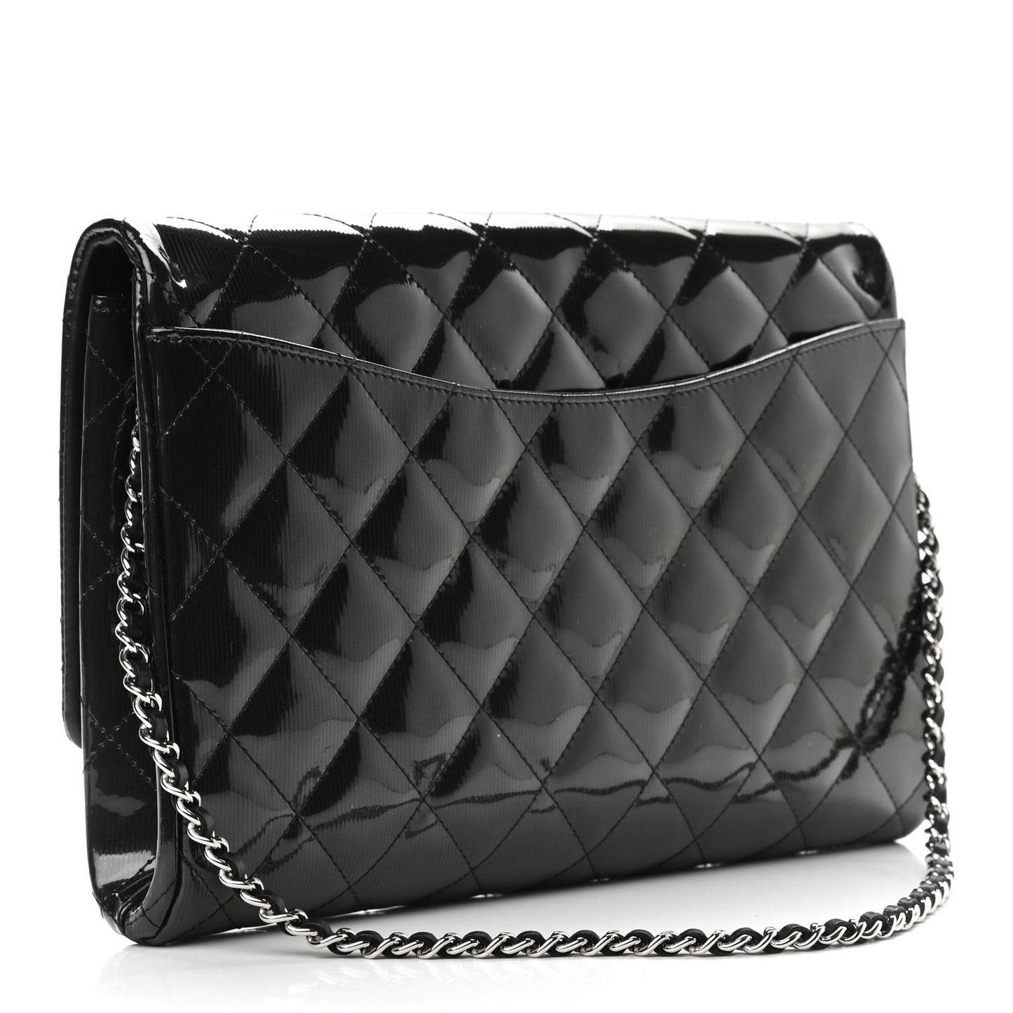 Striated Patent Quilted Clutch With Chain Flap Dark Grey
