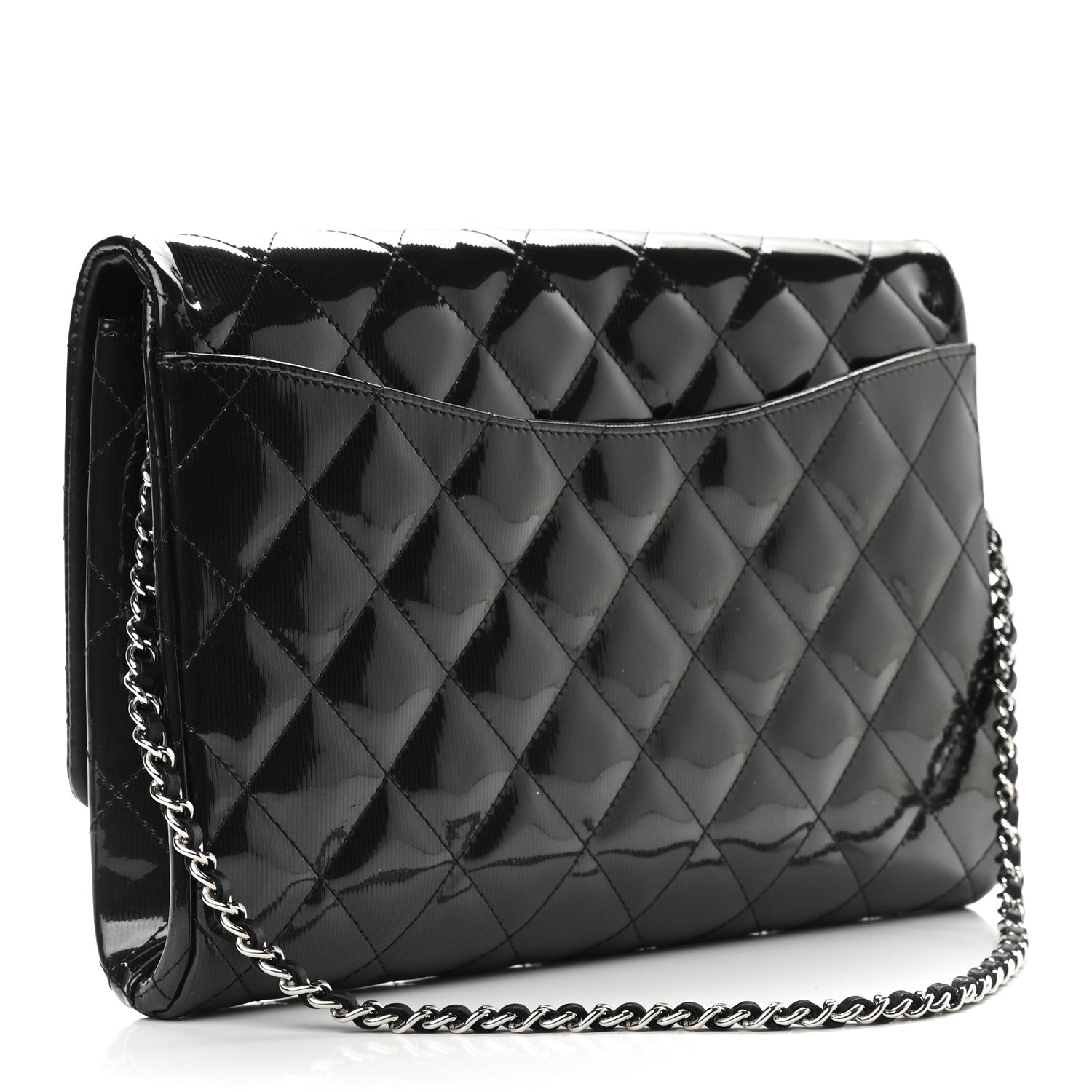Chanel Striated Patent Quilted Clutch With Chain Flap Dark Grey 3 of 9