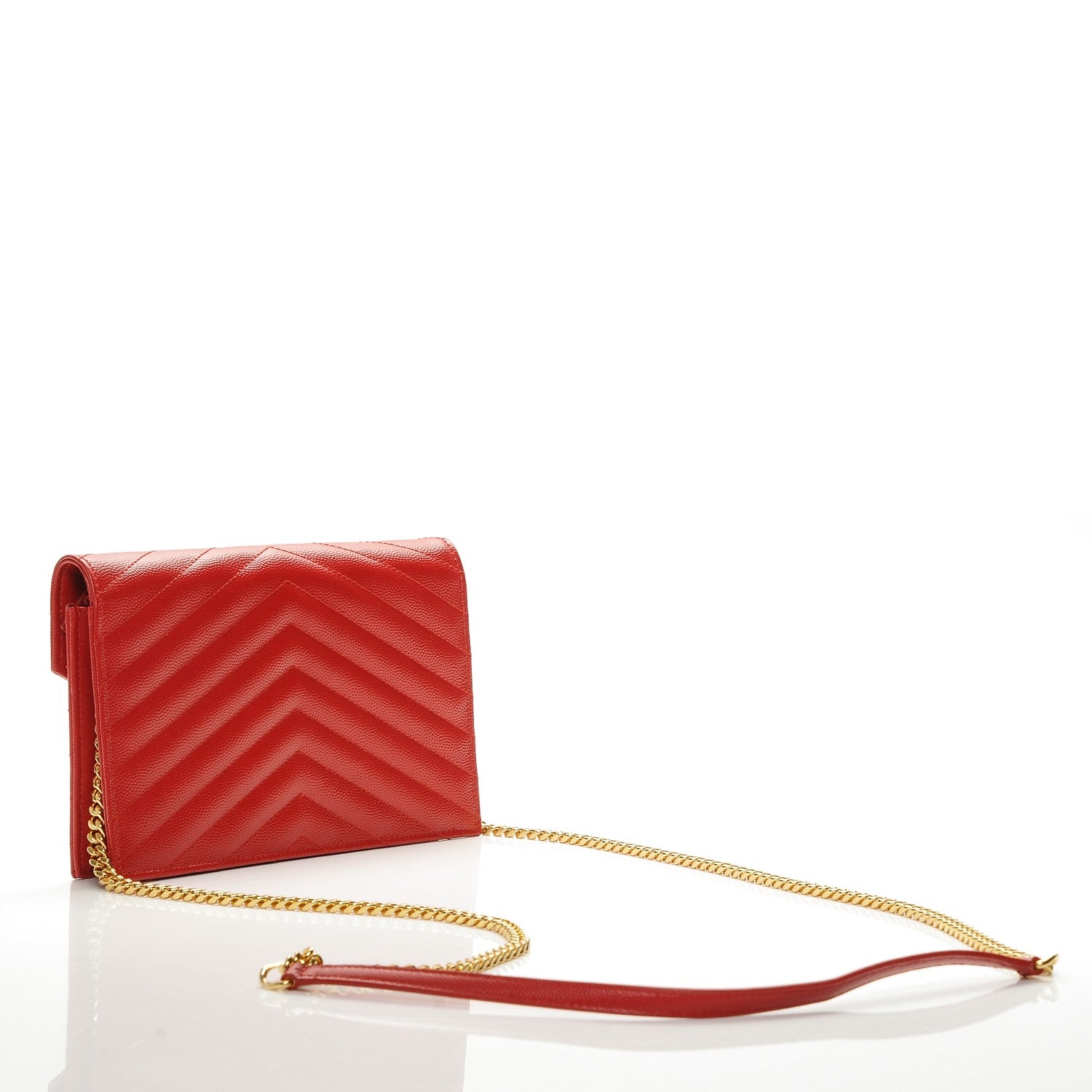 Saint Laurent Grain De Poudre Matelasse Chevron Monogram Envelope Chain Wallet New Red 3 of 8