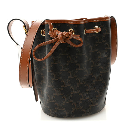 Celine Triomphe Canvas Calfskin Small Drawstring Bucket Bag Tan 1 of 10