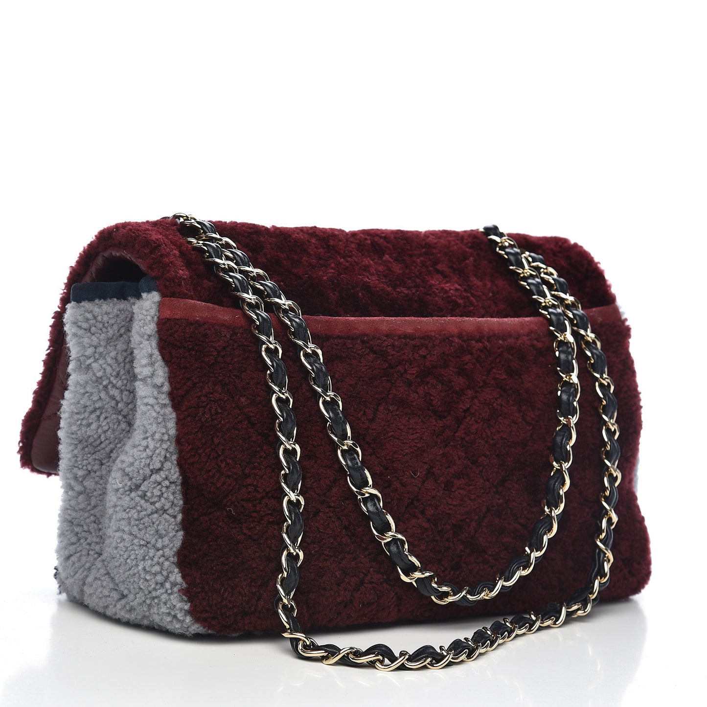 Shearling Sheepskin Quilted Tri-Color Flap Burgundy Black Grey