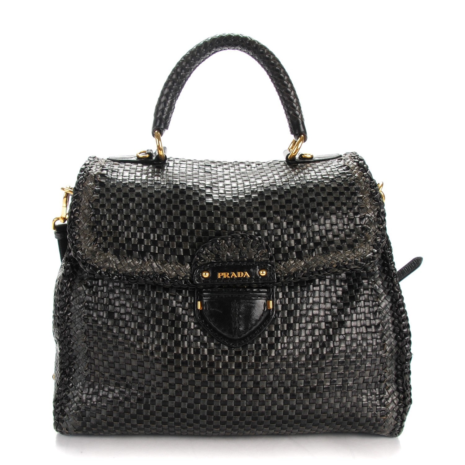 Prada Goatskin Woven Top Handle Satchel Baltico Black 1 of 7