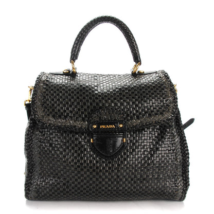 Prada Goatskin Woven Top Handle Satchel Baltico Black 1 of 7