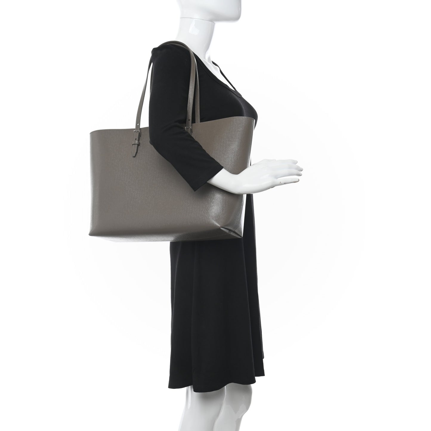 Grained Calfskin Large Shopping Tote Warm Taupe Black
