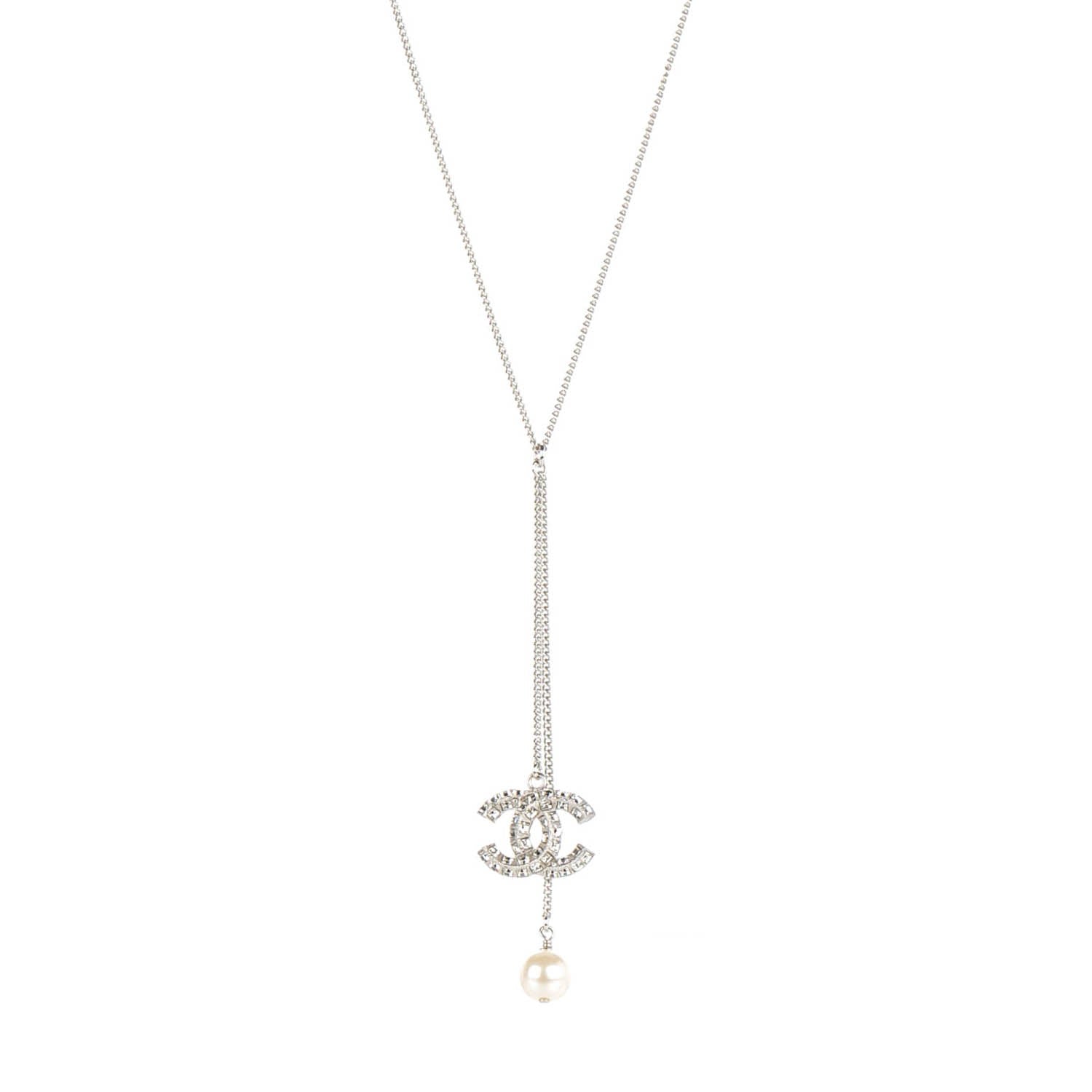 Chanel Baguette Crystal Pearl CC Lariat Necklace Silver 1 of 5