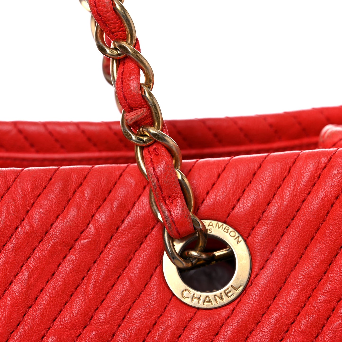 Wrinkled Lambskin Chevron Quilted Large Surpique Tote Red