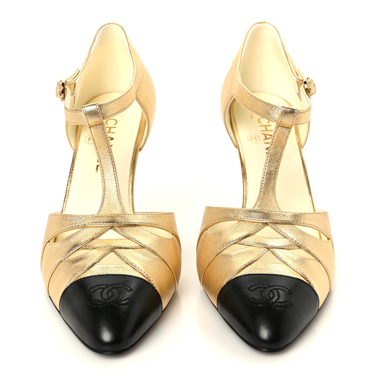 Laminated Lambskin Cap Toe CC Mary Jane Pumps 39.5 Gold Black