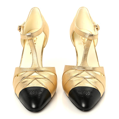 Chanel Laminated Lambskin Cap Toe CC Mary Jane Pumps 39.5 Gold Black 3 of 10
