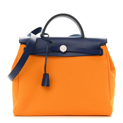 Hermes Military Toile Vache Hunter Verso Herbag Zip Retourne 31 PM Jaune Or Bleu Outremer Bleu Saphir 1 of 13