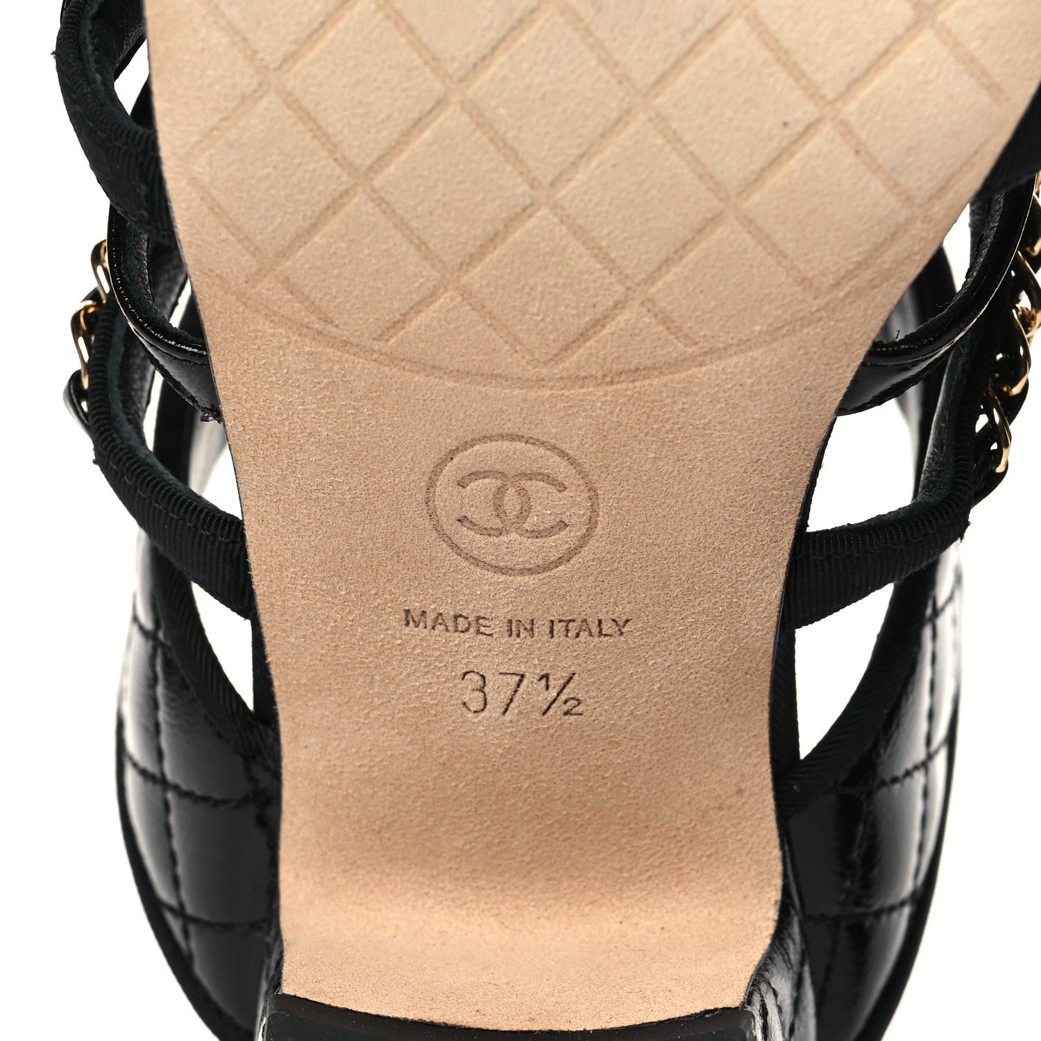 Chanel Distressed Patent Quilted Chain Mule Sandals 37.5 Black 7 of 9