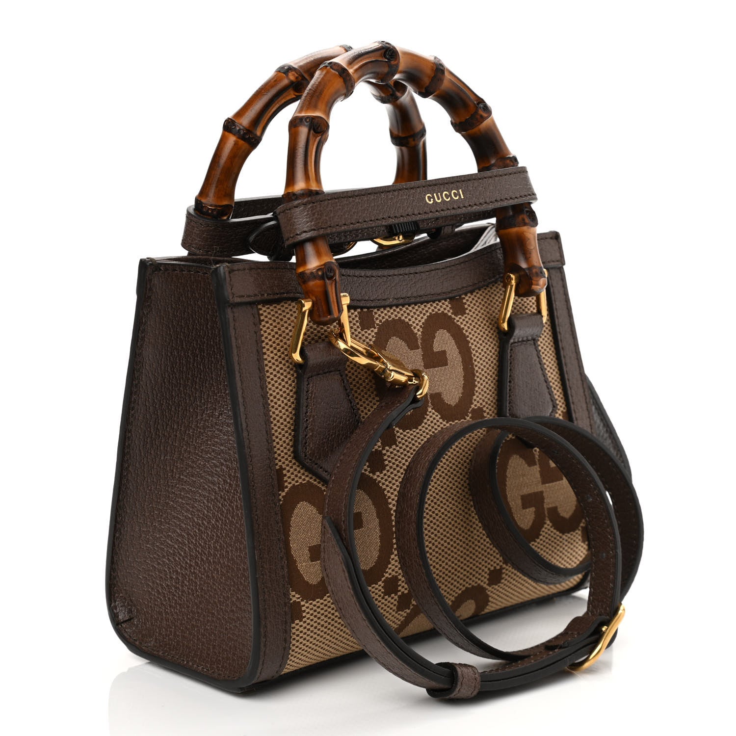 Gucci Monogram Jumbo GG Textured Dollar Calfskin Mini Diana Tote Bag Camel Ebony New Acero 3 of 12