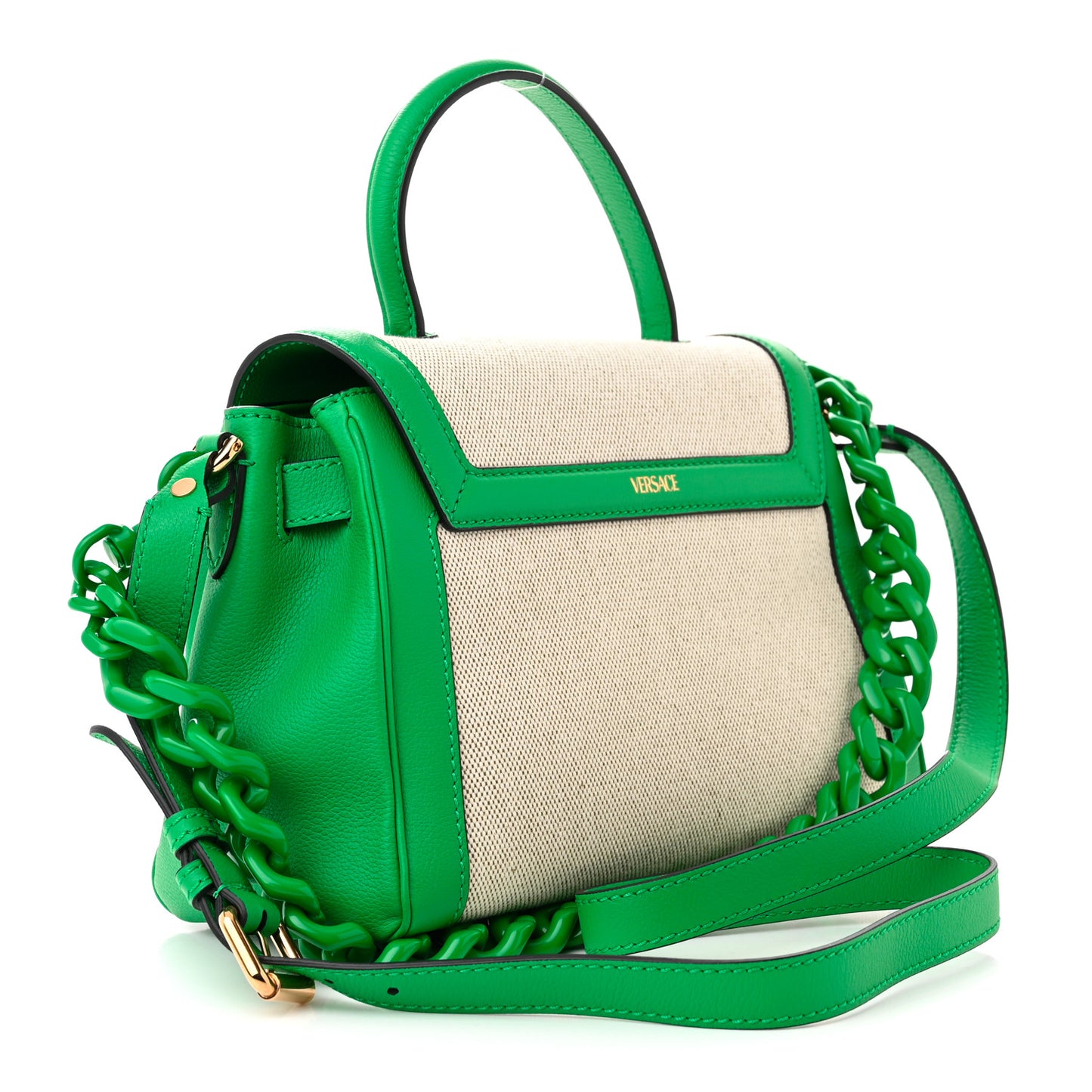Grained Calfskin Canvas Medium La Medusa Chain Top Handle Handbag Green