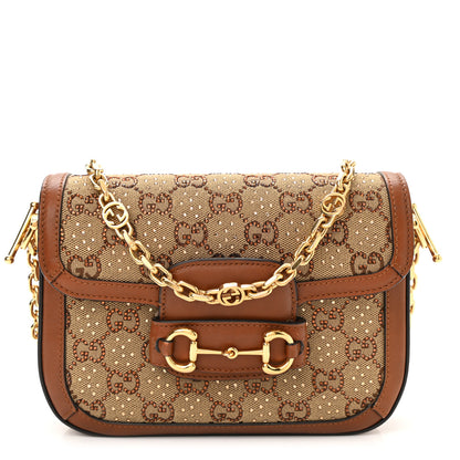 Gucci New Canvas Charisma Calfskin Crystal GG Monogram Mini Horsebit 1955 Shoulder Bag Camel Ebony 1 of 11