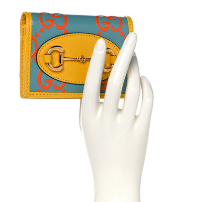Gucci Azalea Calfskin GG Monogram Bi-Color Debossed Horsebit 1955 Card Case Wallet Dusty Azure Stone Topaz Deep Orange 2 of 10