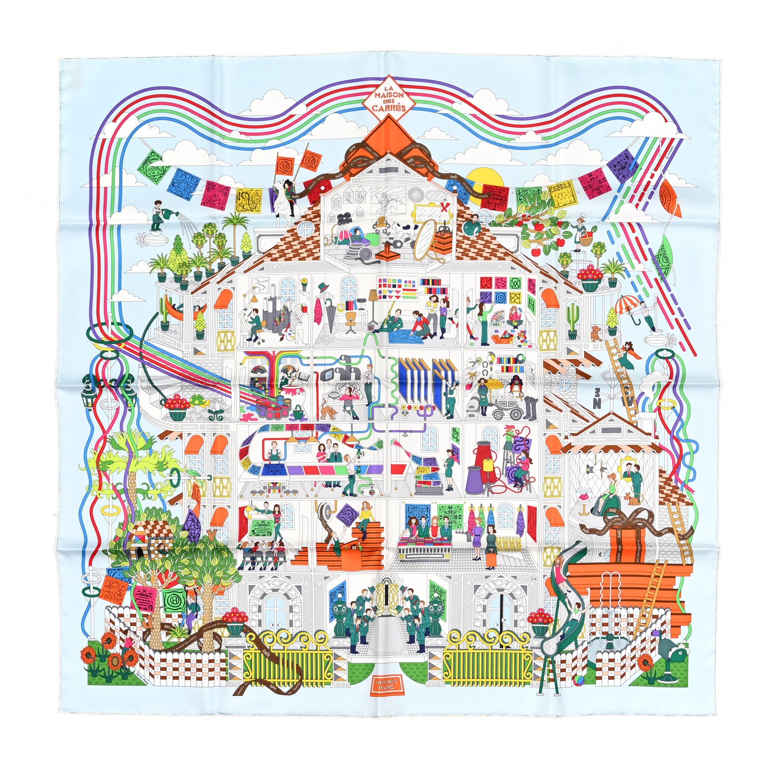 Hermes Silk La Maison des Carres Scarf 90 Ciel White Vert 1 of 4