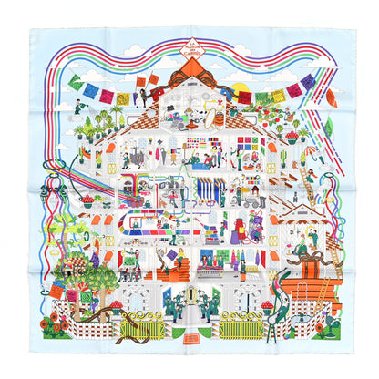Hermes Silk La Maison des Carres Scarf 90 Ciel White Vert 1 of 4