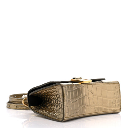 Balenciaga Metallic Calfskin Crocodile Embossed Hourglass Top Handle Bag XS Gold 4 of 14