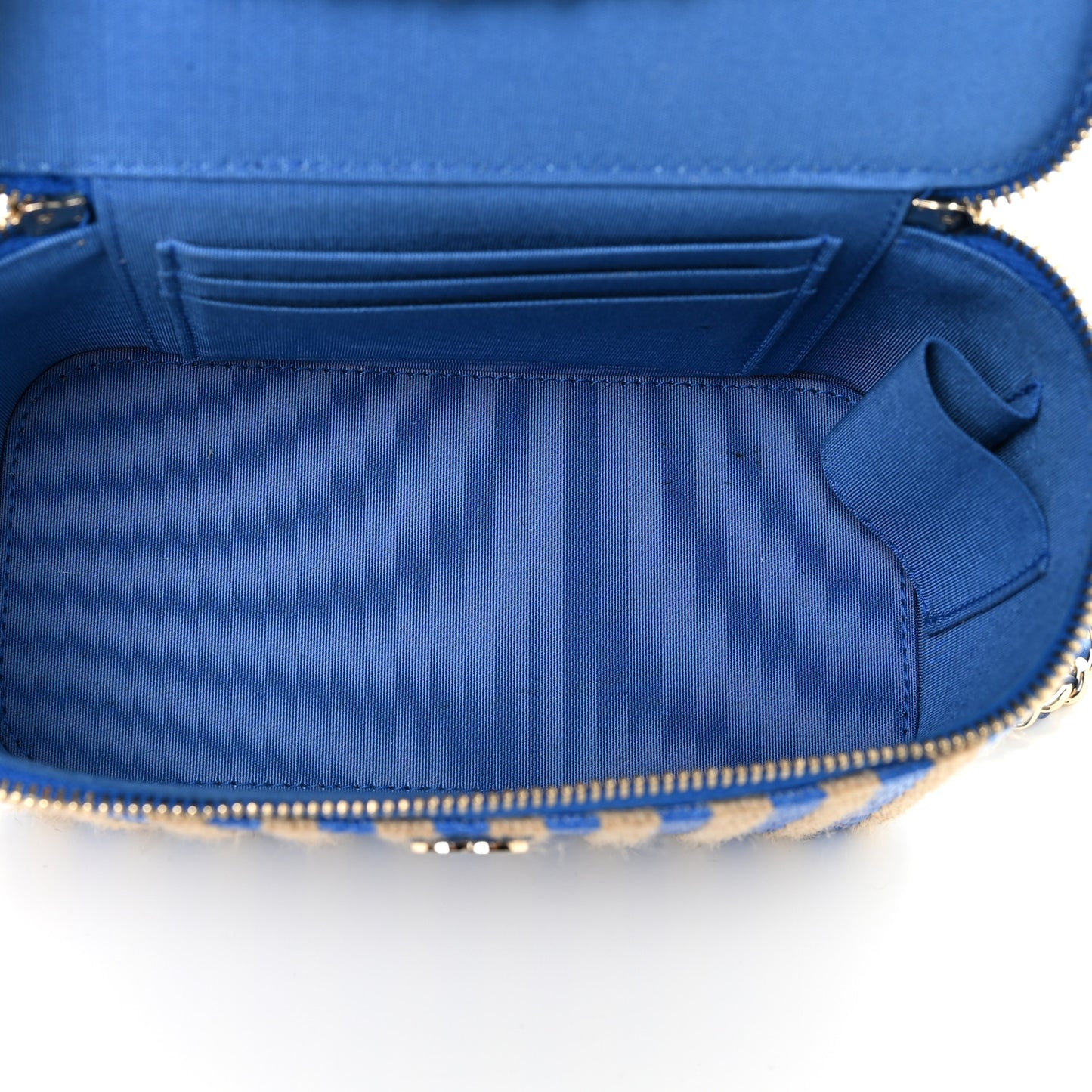 Raffia Jute Striped Small Vanity Case With Chain Blue Beige