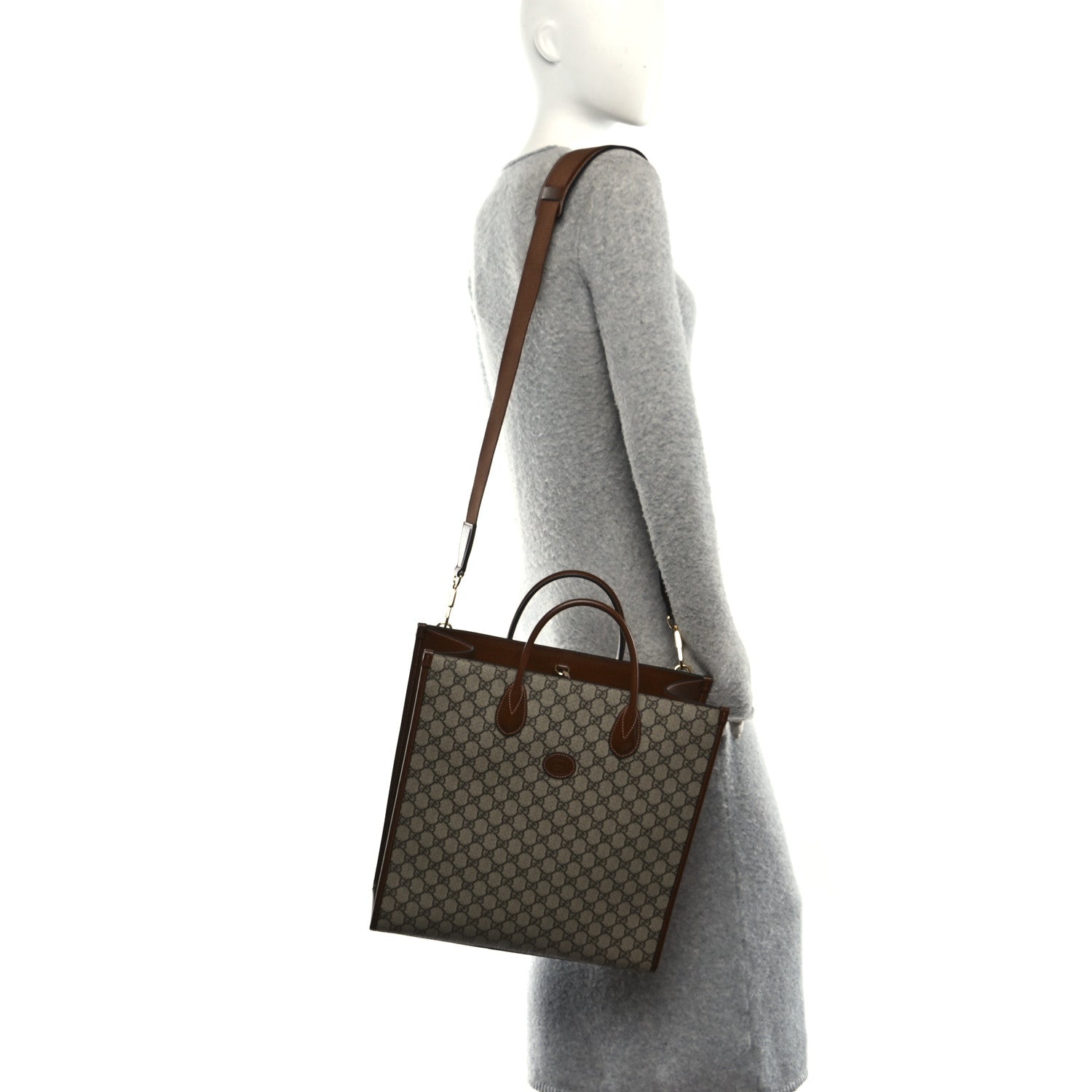 Gucci GG Supreme Monogram Textured Dollar Calfskin Medium Retro Interlocking G Vertical Tote Bag Beige Ebony Brown Sugar 2 of 10