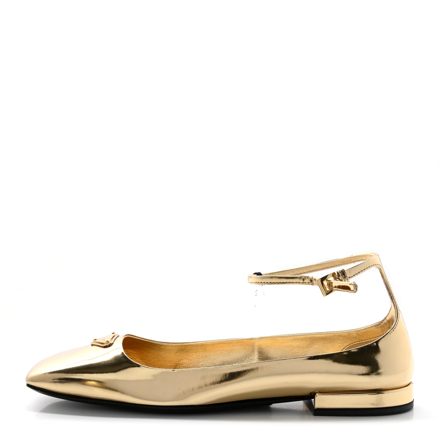 Metallic Calfskin Metal Triangle Logo Ankle Strap Ballerinas 37 Platino