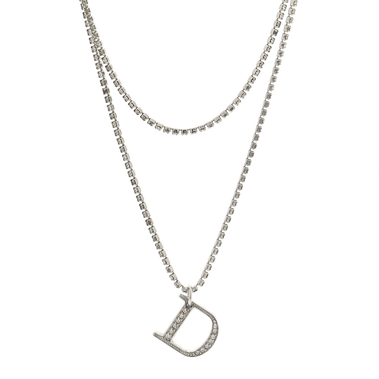 Christian Dior Crystal D Double Chain Necklace Silver 1 of 4