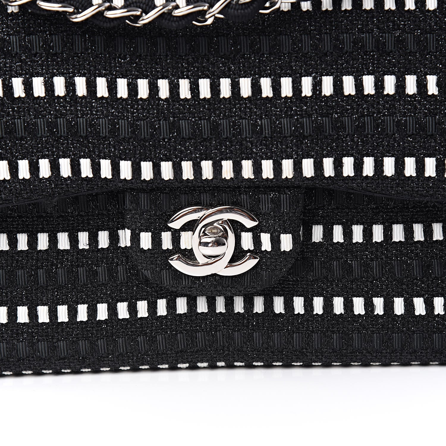 Chanel Tweed Ribbon Medium Double Flap Black White 10 of 10