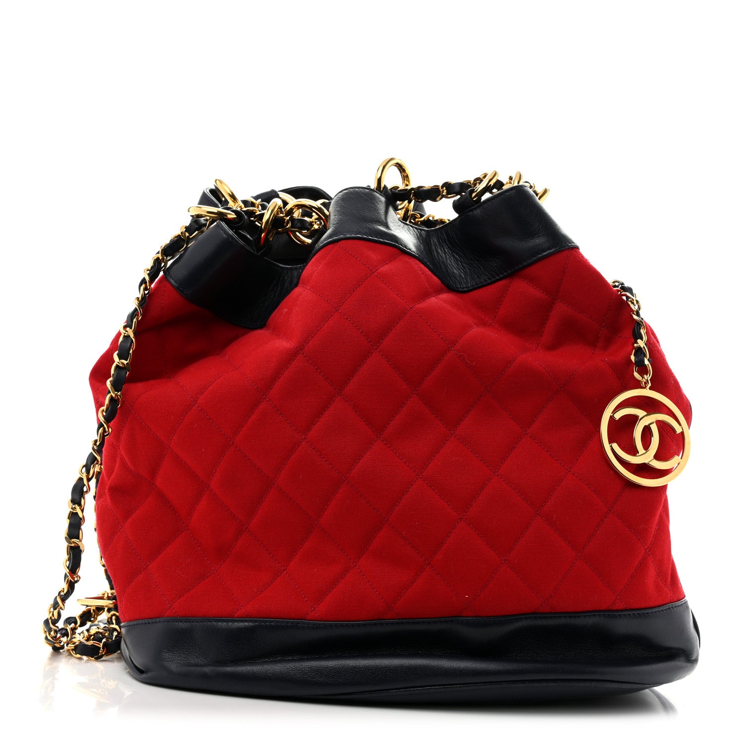 Chanel Canvas Lambskin Quilted CC Drawstring Shoulder Bag Red Navy 1 of 13
