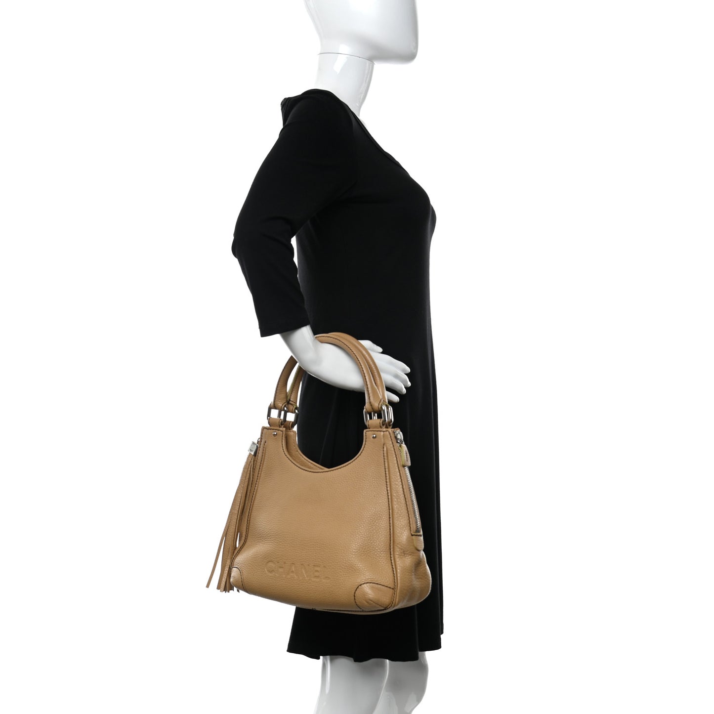 Grained Calfskin Tassel Hobo Beige