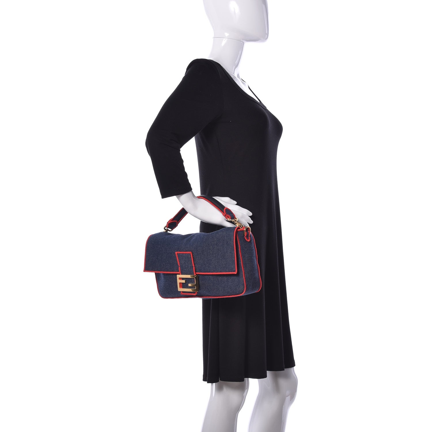 Fendi Denim Large Baguette Blue Rosso 3 of 10