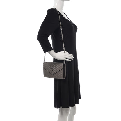 Saint Laurent Grain De Poudre Matelasse Chevron Monogram Chain Wallet Fog 2 of 11
